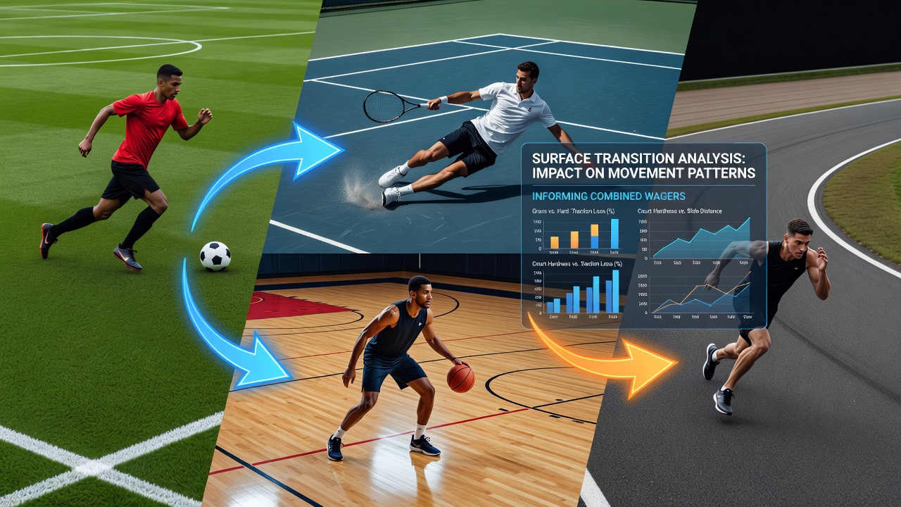 Surface transition analysis showing movement patterns on football pitch, tennis court, basketball floor and racetrack