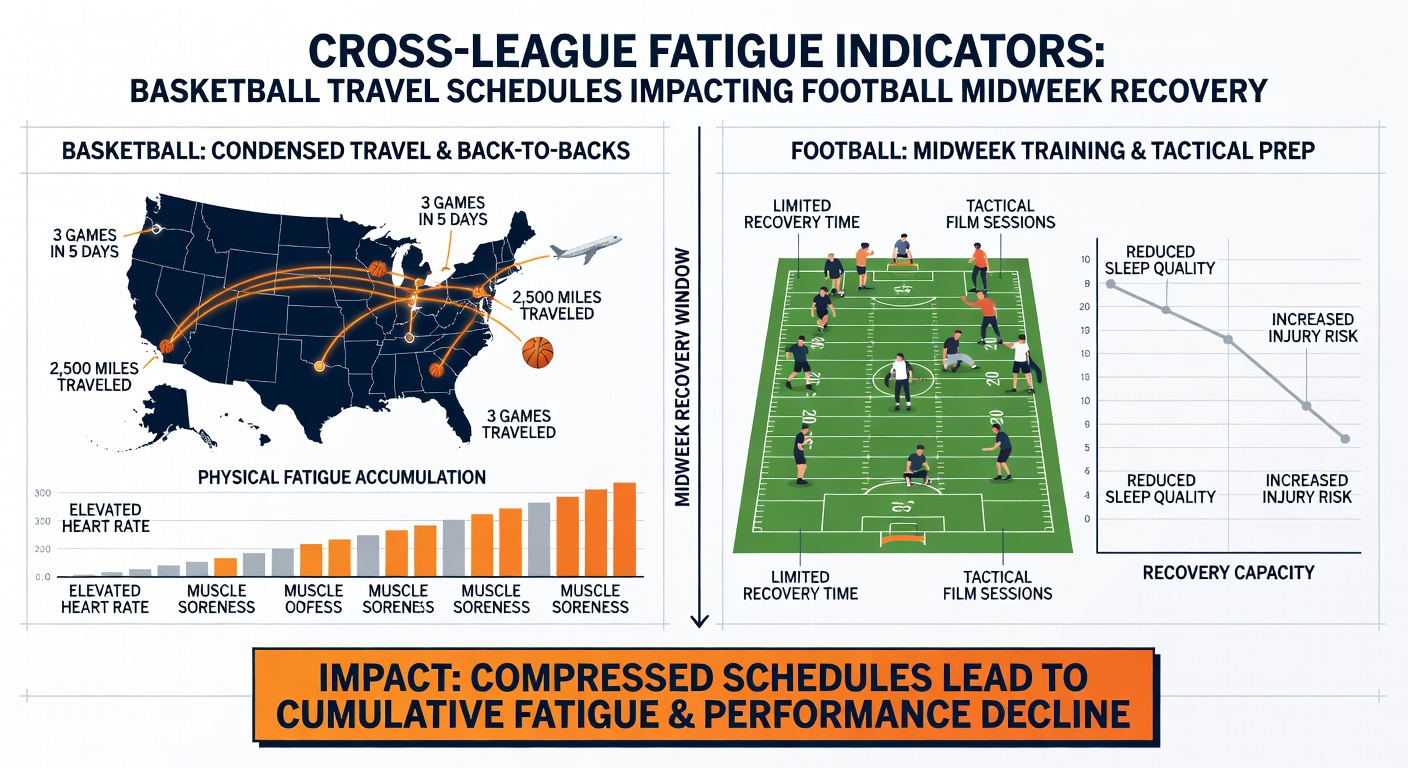 Performance charts showing fatigue metrics across basketball travel, football recovery, and tennis serve data