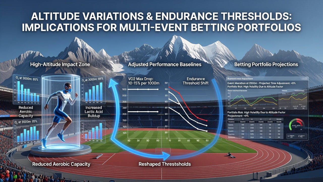 High-altitude stadium with athletes training under reduced oxygen conditions, showing endurance testing equipment and distant mountain peaks