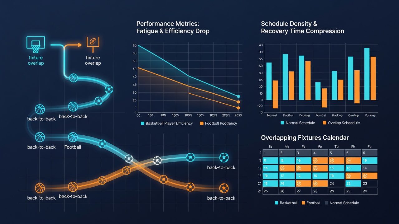 Performance metric charts showing fatigue impacts across overlapping basketball, football and tennis fixtures