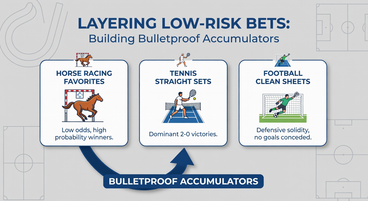 A dynamic collage showing a horse racing favorite thundering down the stretch, a tennis player dominating in straight sets, and a football goalkeeper securing a clean sheet, symbolizing layered low-risk betting strategies