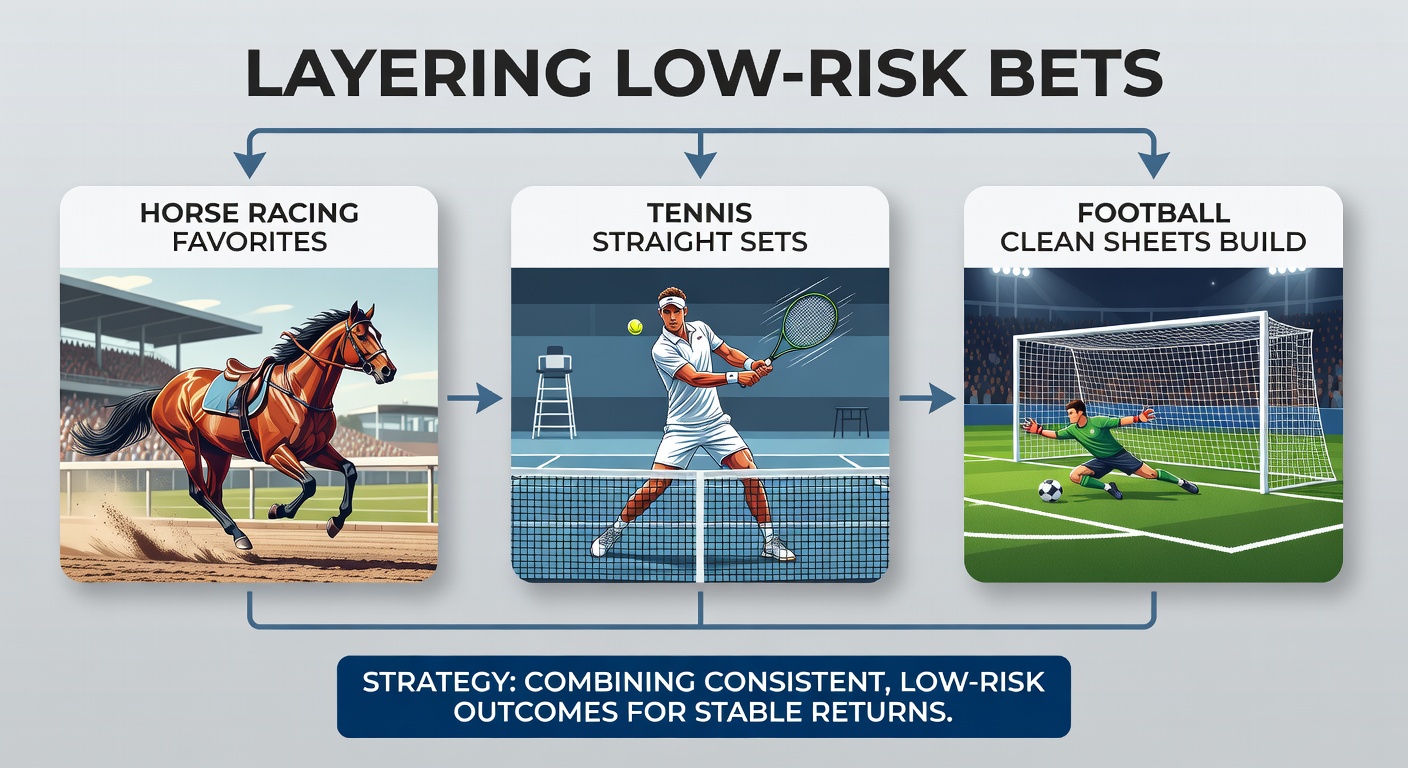 Infographic breaking down accumulator success rates, with charts on horse favorites at 35% wins, tennis straight sets at 65%, and football clean sheets at 40%, layered for combined probabilities