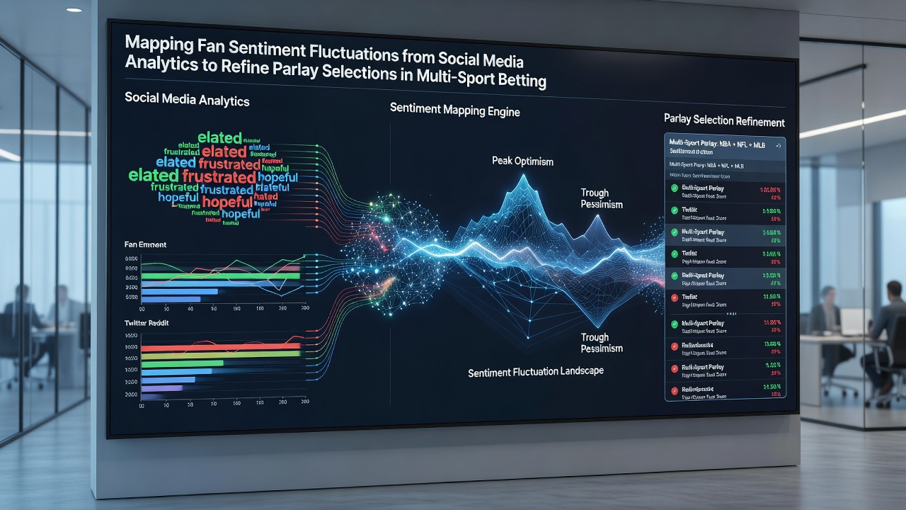 Analysts reviewing multi-sport parlay models overlaid with social sentiment heat maps