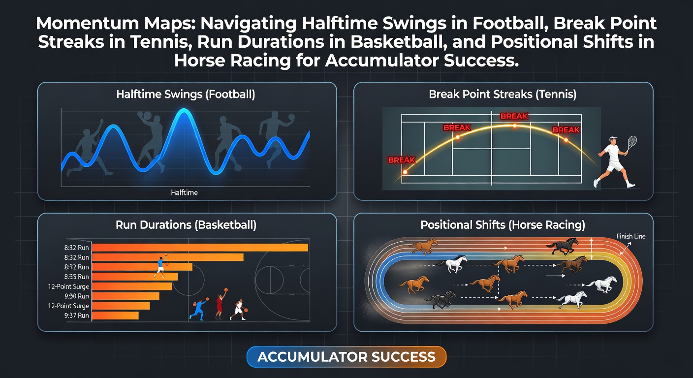 Graph showing momentum shifts across football halftime, tennis break points, basketball runs, and horse racing positions, highlighting patterns for betting accumulators