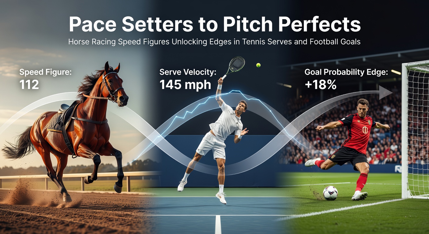 A dynamic split image showing a horse racing at full speed on the track alongside a tennis player delivering a powerful serve and a footballer striking a goal-bound shot, illustrating cross-sport performance metrics