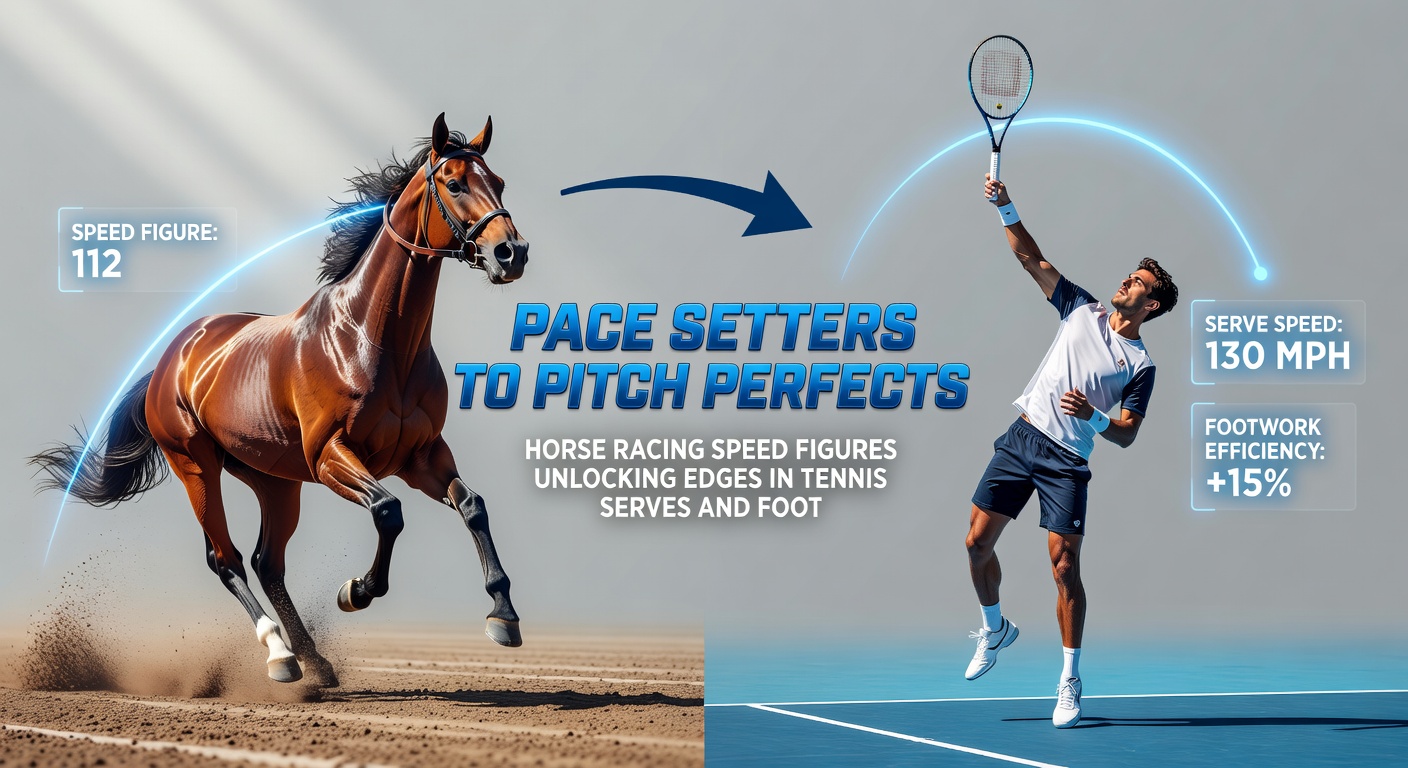 Close-up comparison of a racehorse's stride data overlayed on tennis serve analytics and a footballer's goal trajectory, highlighting speed figure correlations across sports