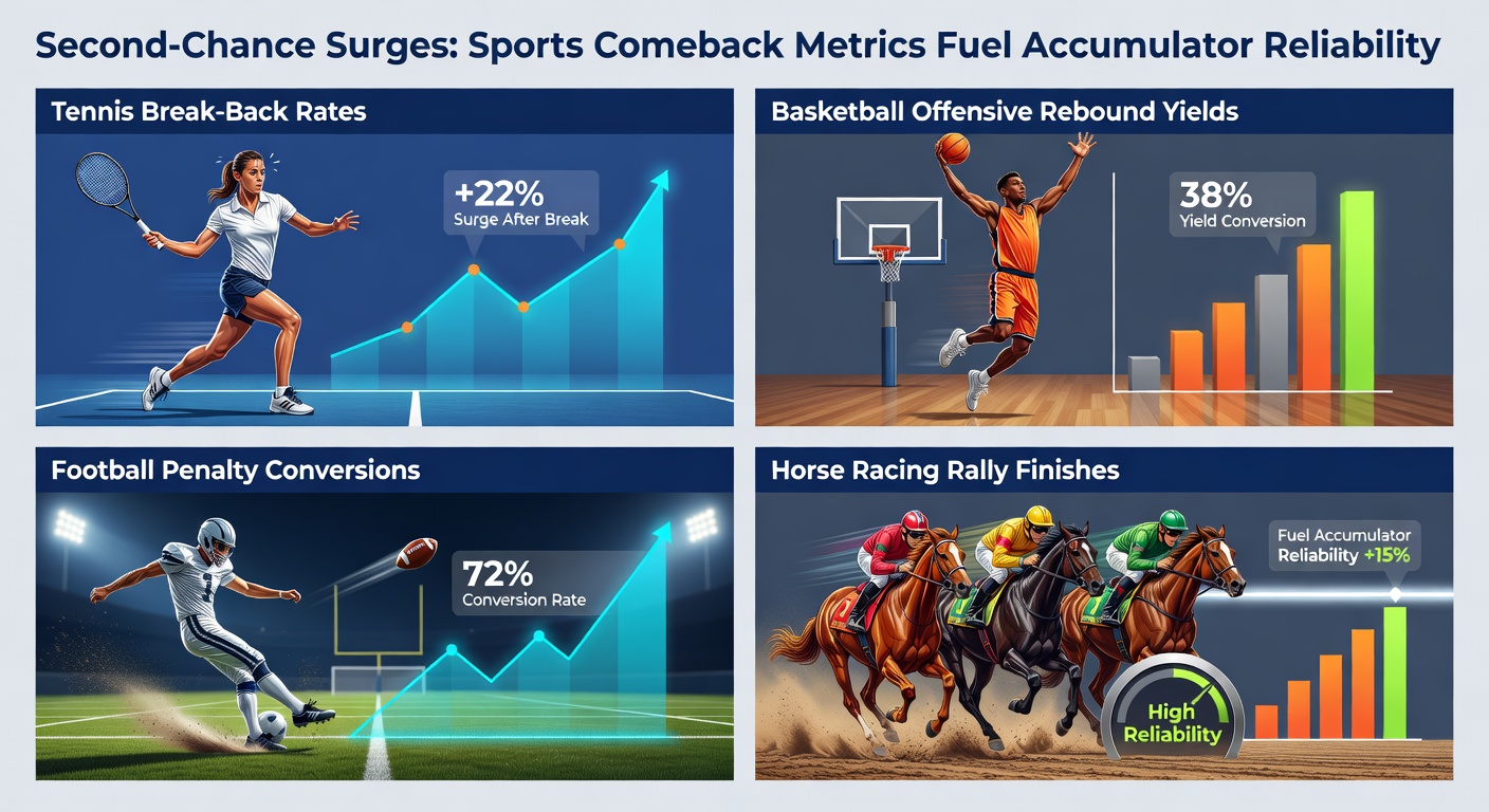 Tennis player lunging for a break-back point, with overlays of basketball rebounds, football penalties, and horse racing finishes highlighting second-chance momentum in sports betting accumulators