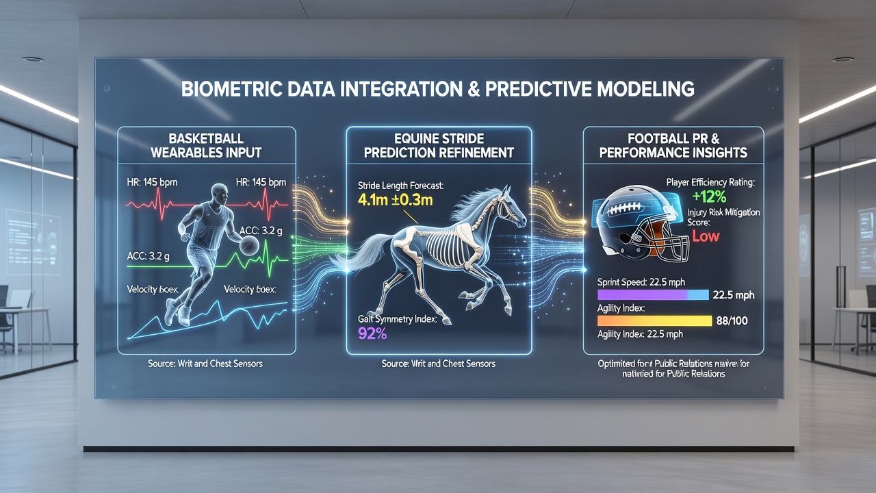 Wearable sensor data visualization comparing basketball player acceleration with equine stride patterns and football pressing intensity