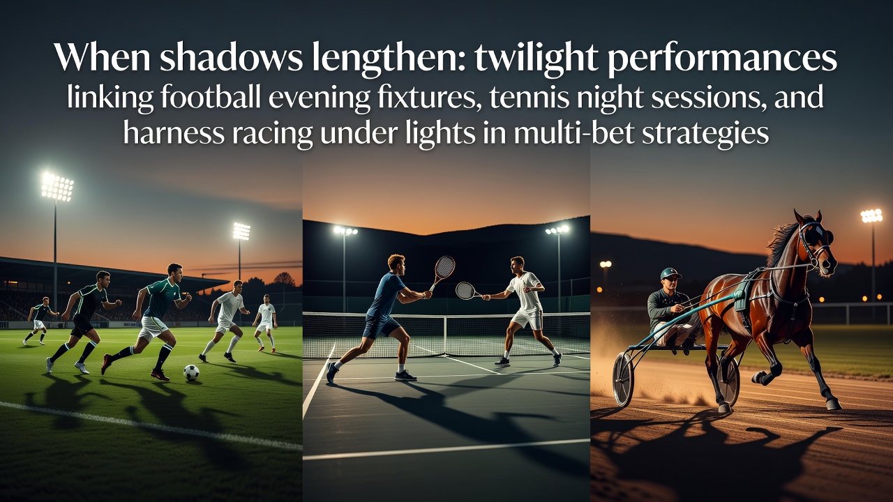 Twilight football stadium with lengthening shadows during evening fixture, floodlights activating over the pitch