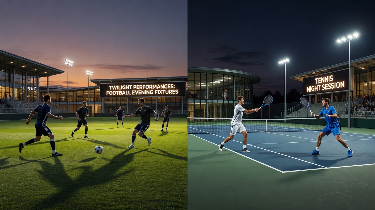 Night tennis court under bright lights with harness racing floodlit track visible in background concept